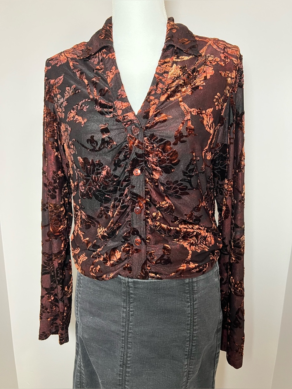 Sno Skins 90s/Y2K Burnout Velvet Blouse Romantic Retro Dark Fairy Whimsigoth 🤎